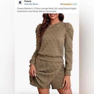 Fisoew Women's 2 Piece Lounge Wear Khaki Argyle Sweatshirts and Wrap Skorts Sets